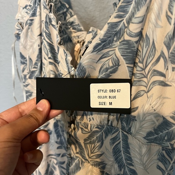 Womens Palm Print Midi Dress Medium Blue White Tropical Leaf Button Up Vacation - Picture 5 of 14